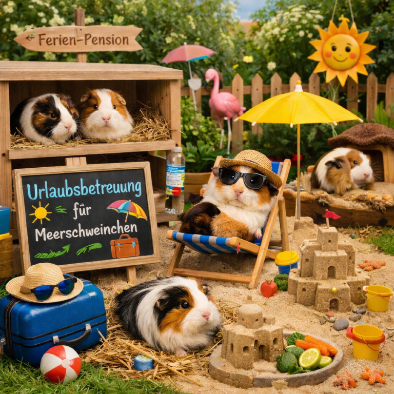 Urlaubsbetreuung Meerschweinchen KI erstelltes Bild mit verschieden Meerschweinchen die Strandurlaub machen.